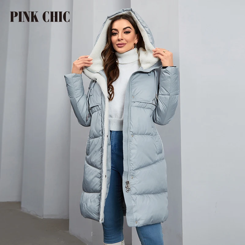 PINK CHIC 2023 New Winter Coat Women\'s Down Jacket High Quality Fur Collar Thermal Hooded Fashion Long Parka Women\'s W6515