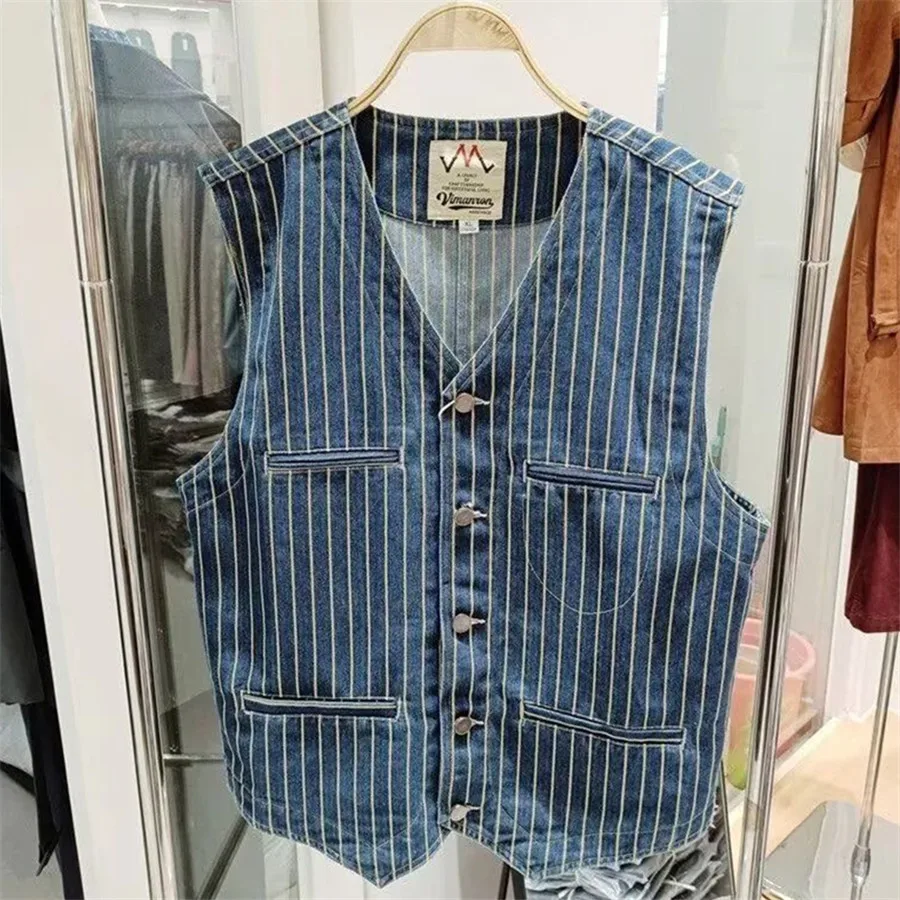 

Men's Classic Striped Denim Vest Fashion Vintage Multi-pocket V-neck Cargo Vests Cowboy Waistcoat Men Clothes Leisure Work Wear