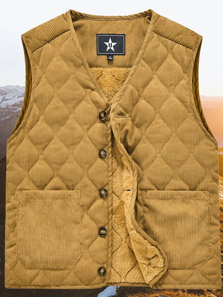

Men's Fleece Lined Quilted Vest Diamond Pattern Workwear Corduroy V Neck Jacket Autumn Winter Warm Cotton Padded Vest