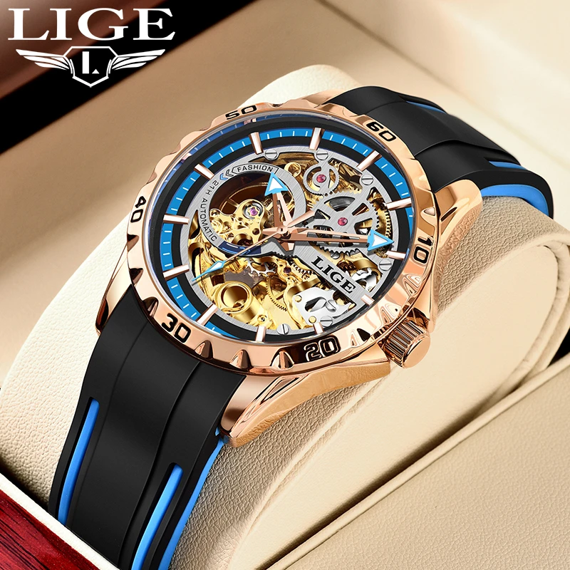 Luxury Watch Men LIGE Design Fashion Hollow Dial Mechanical Mens Watch Automatic Watches Silicone Men Waterproof Male Wristwatch