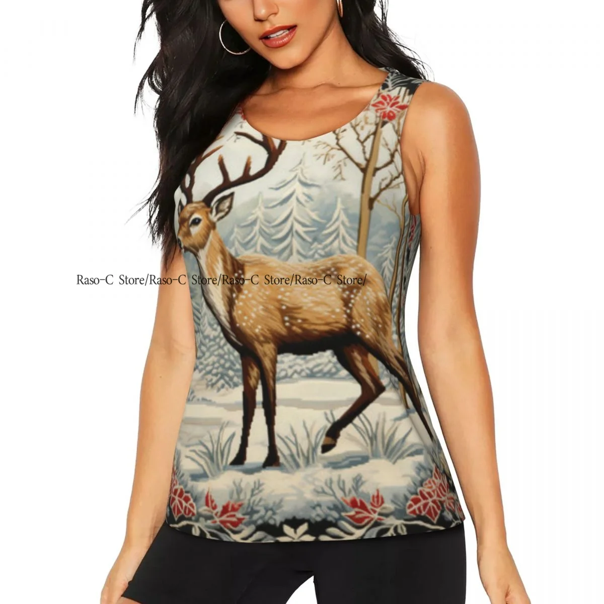 

Women Casual Sport Yoga Vest Deer In The Winter Forest Quick Dry Running T-shirt Training Workout Gym Sleeveles