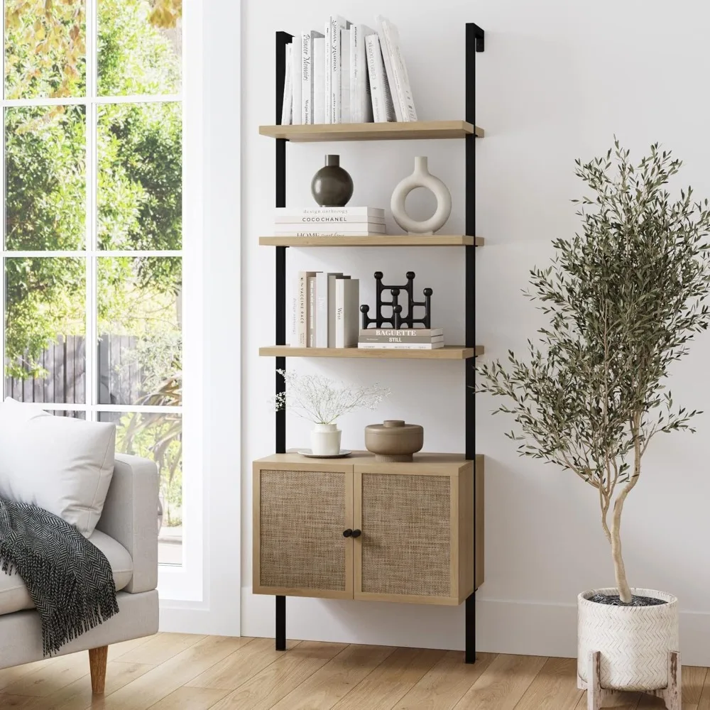 

Trapezoidal Three-tier Open Bookcase with Rattan Drawers and Matt Steel Frame, Light Oak/black