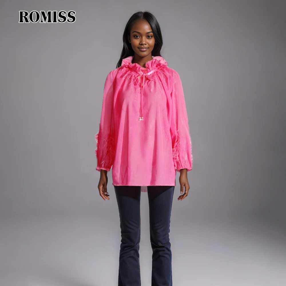 

ROMISS Solid Elegant Patchwork Feathers Shirt For Women Stand Collar Long Sleeve Spliced Lace Up Designer Blouses Female