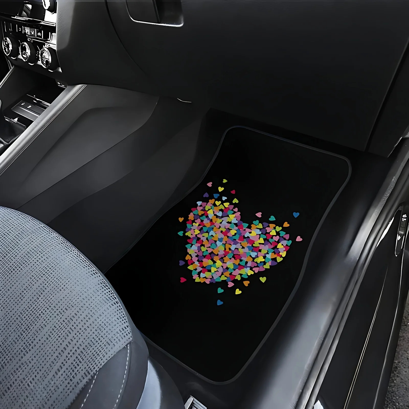 4pcs Colorful Heart Pattern Car Floor Mats- Comfortable Crystal Velvet Vehicles Floor Mats, Front& Rear Full Coverage Auto Inter