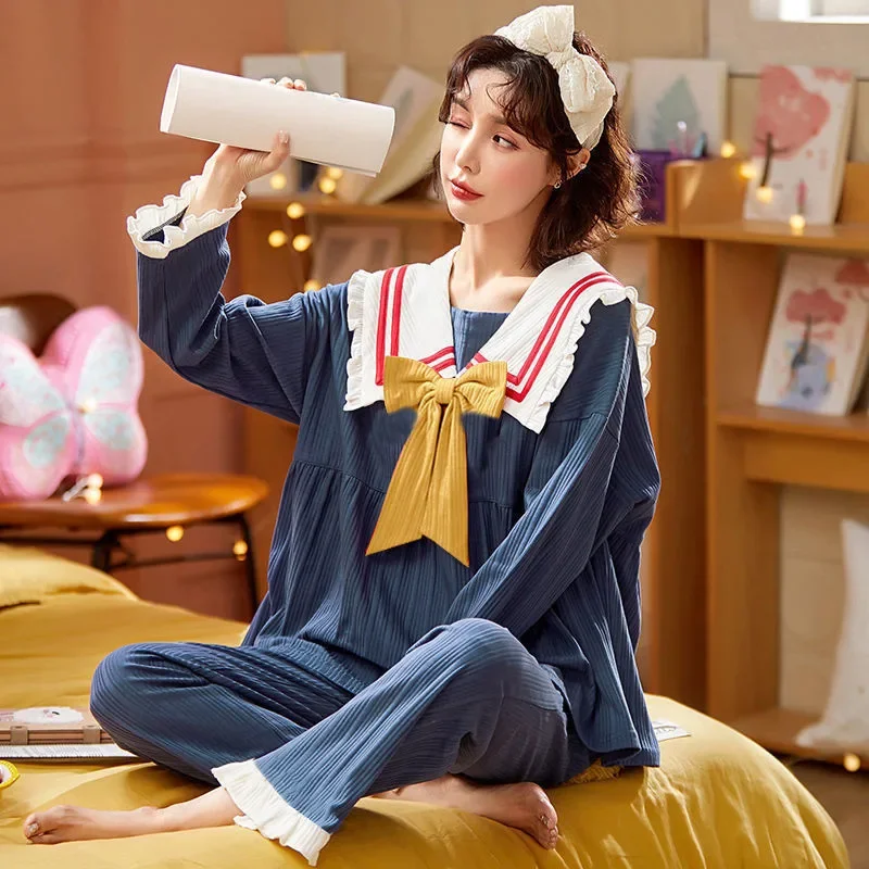 

Kawaii Pajamas Set For Women 5XL 6XL Cozy Homewear Sailor Collar Lolita Sleepwear Long Sleeve Nightgown Femme Pyjama Suits Cute