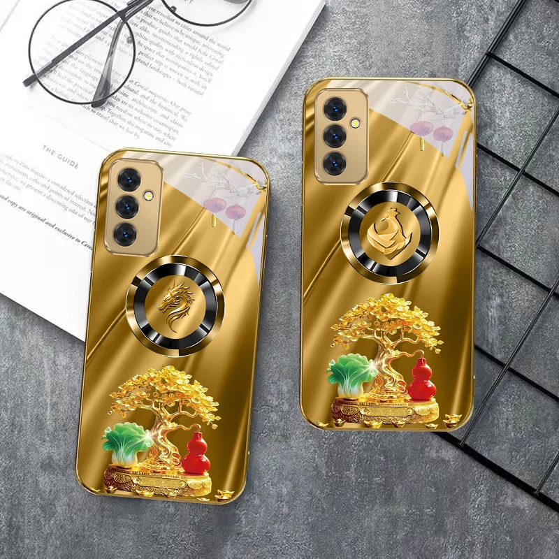 Horse Head Treasure Tree For Samsung Galaxy S 21 S22 S23 Plus S24 Ultra S20 FE 25Ultra S21+ S9+ 22Plus Golden glass phone case