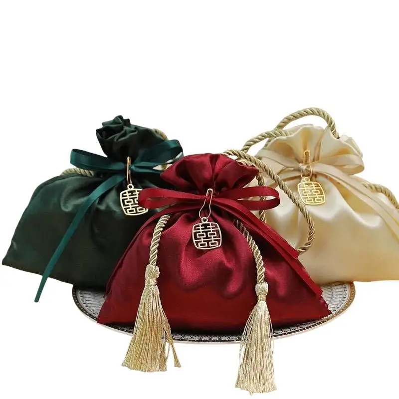 Delicate Satin Tassel Drawstring Bag Reusable Soft Cloth Candy Pouch for Wedding Party Guests Holiday Gift Packaging