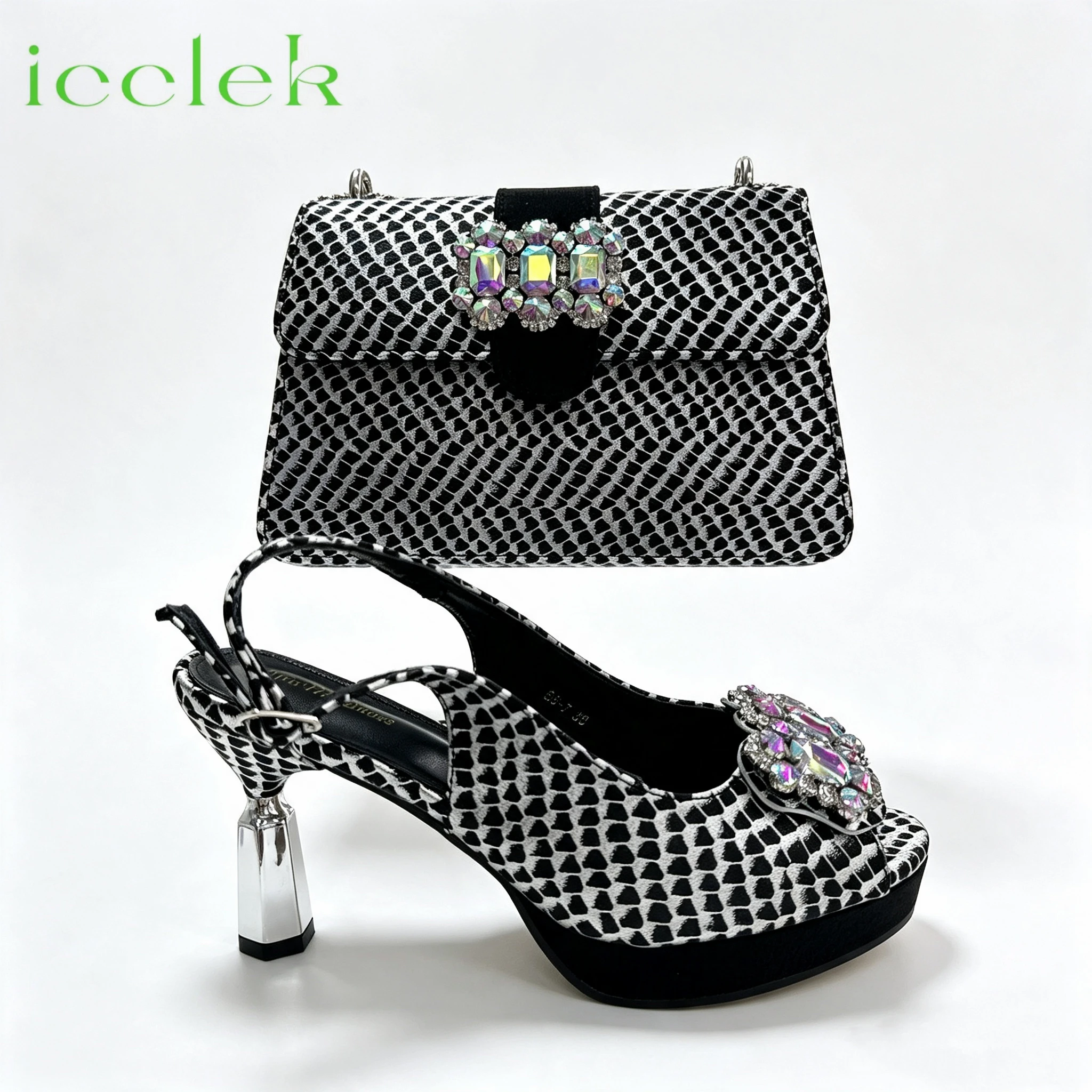 Silver 2026 New Nigerian Bigg Size Women High Heels Party Shoes and Bag Set With Rhinestone Handbag Italian Design Wedding Party