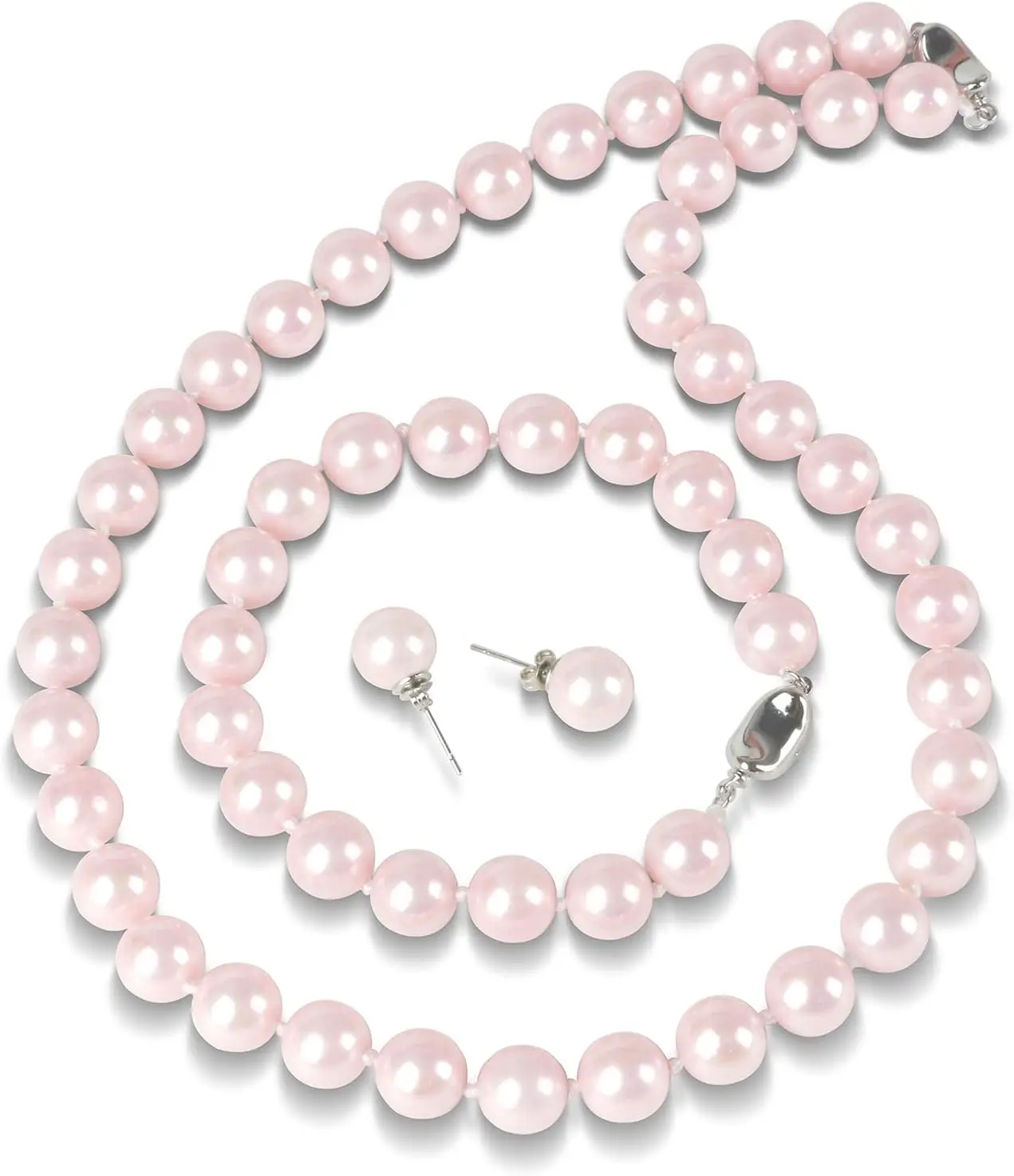 Pearl Necklaces Set For Women Men,10mm Round romantic Pink Shell Pearl Necklace Includes Bracelet Stud Earring 3 Piece Jewelry