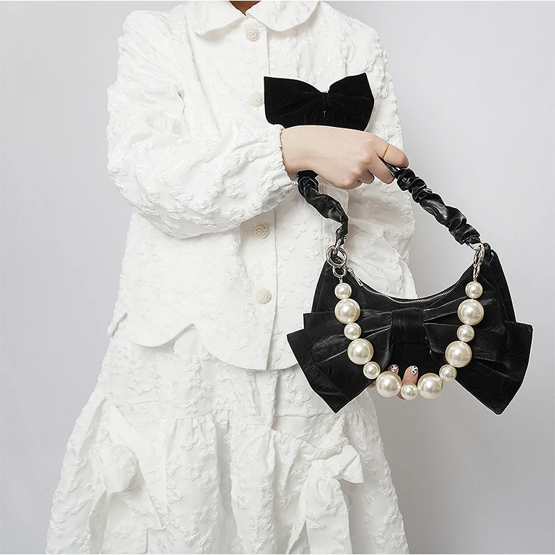 

Spice Girl Pearl Bow Solid Color Underarm Folded Bag, One Shoulder Crossbody Women's Bag