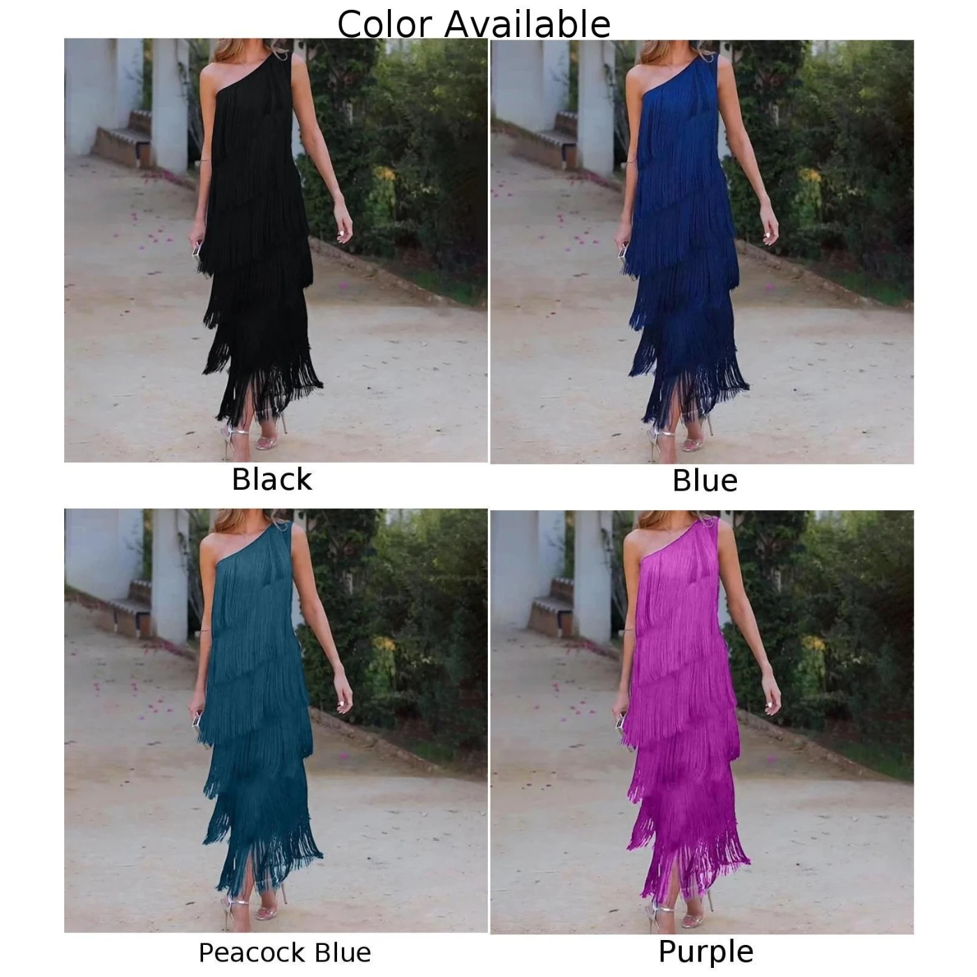 Robe de cintura alta dirigido na moda para mulheres com decote diagonal sedutor e camadas em cascata de borlas