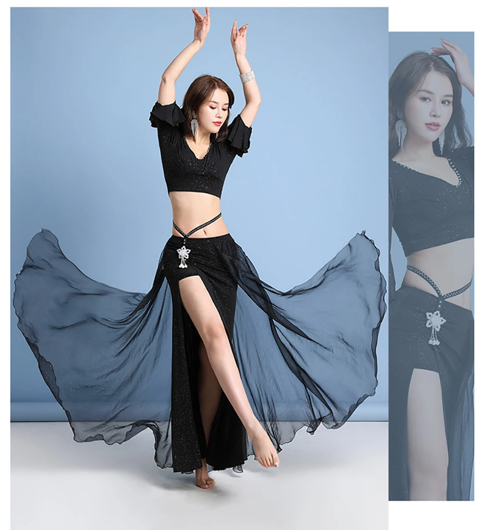 

Костюм для танца живота, тренировочная одежда, комплект из 2 предметов, топ и юбка, наряд для взрослых женщин, сценический костюм, костюмы