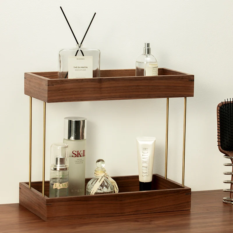 صندوق تخزين مستحضرات التجميل لسطح المكتب من الخشب الفاخر رف عطري مزدوج من الخشب الصلب