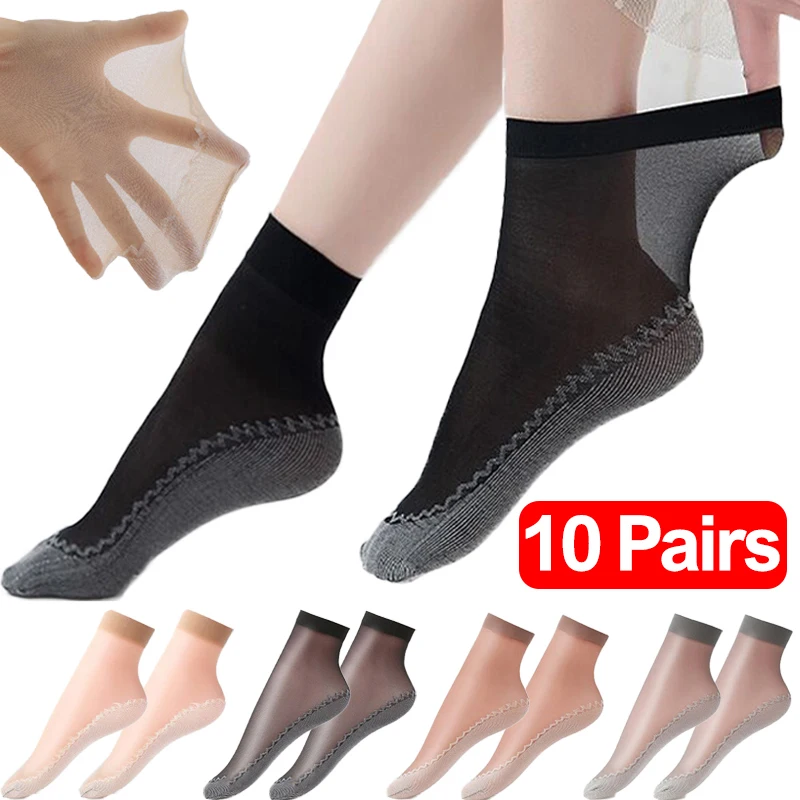 

10-1Pairs Summer Thin Socks Women Velvet Silk Socks Non-Slip Bottom Splice Transparent Ladies Ultrathin Breathable Short Sock