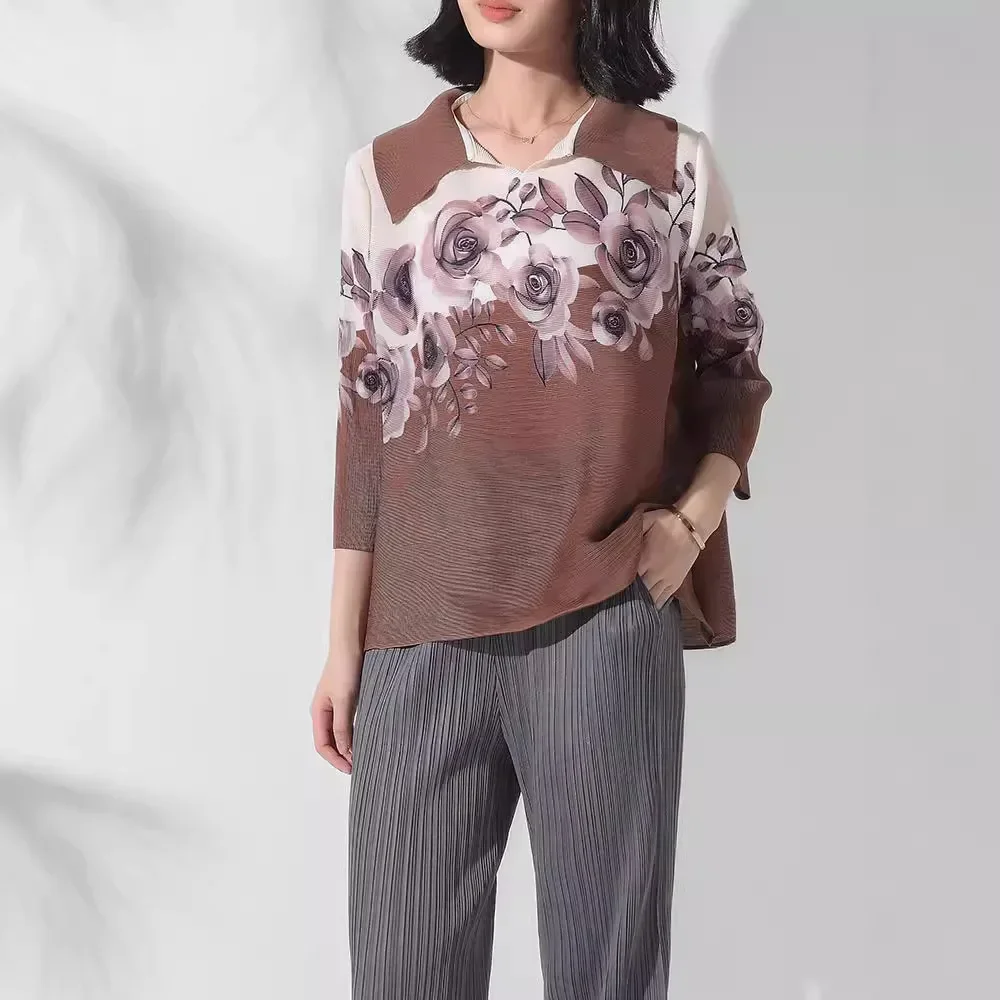 

Miyake Pleated Lapel Top Women's 2024 Autumn New Elegant Floral Print Versatile Fashion Casual Three-quarter Sleeve T-shirt