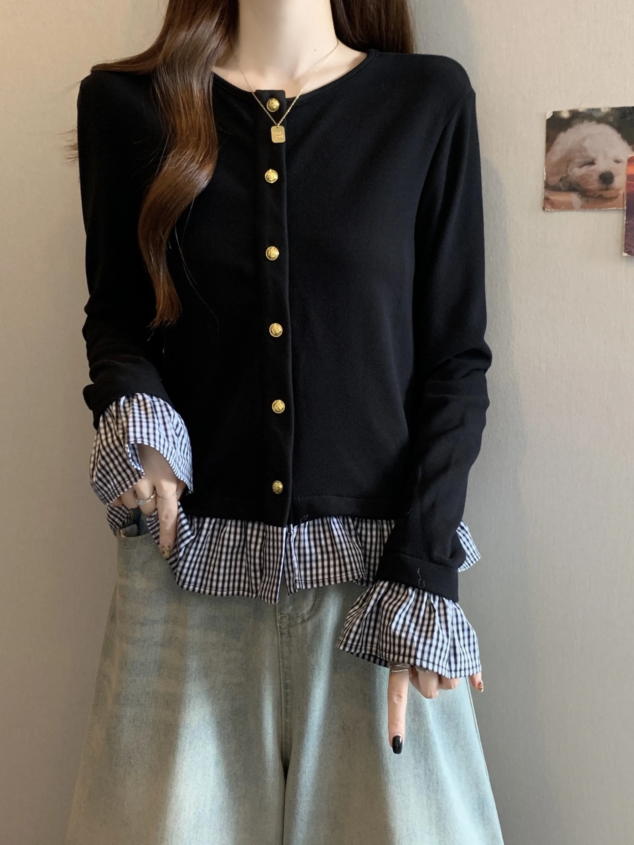 

plus Size Women's round Ne Plaid T-irt Long Sve Floing Spring Autumn Fat MM Belly Covering Slimming Top French Sle