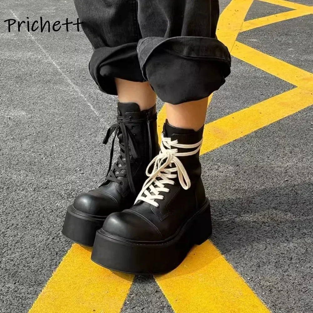 

Round Toe Thick Soled Knight Boots Solid Black Cross Tied Lace Up Sewing Platform Ankle Boots Winter Women's Concise Warm Shoes