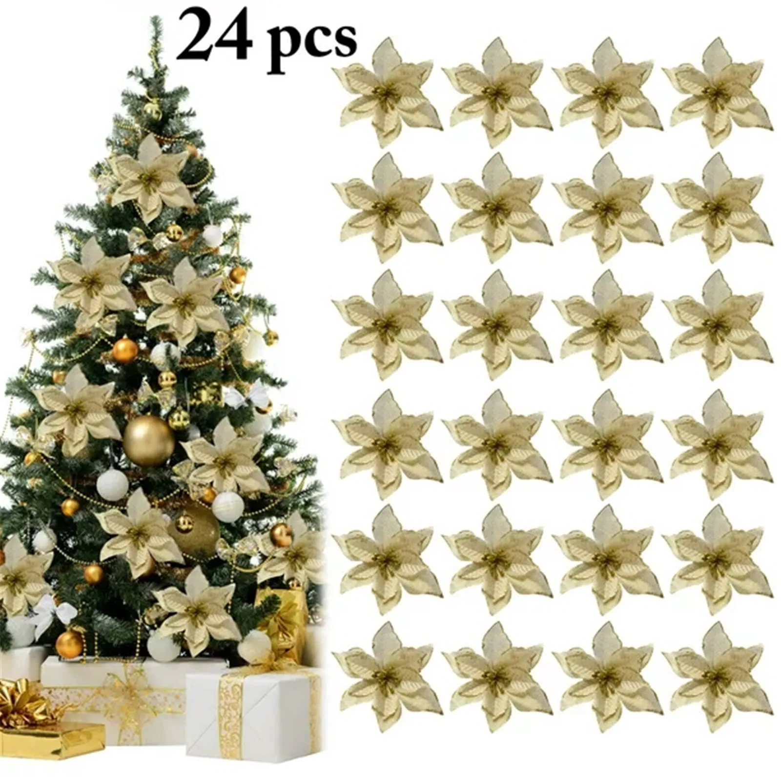 12/24pcs Glitter Artifical Christmas Flowers Christmas Tree Decoration Happy New Year Ornaments Xmas Fake Flowers Party Decor