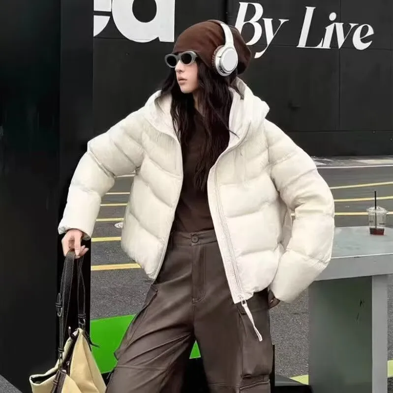 Nueva chaqueta de plumón de otoño e invierno para mujer, Parka corta con capucha de plumón de pato blanco, chaqueta informal abombada, abrigo cálido de estilo occidental a la moda