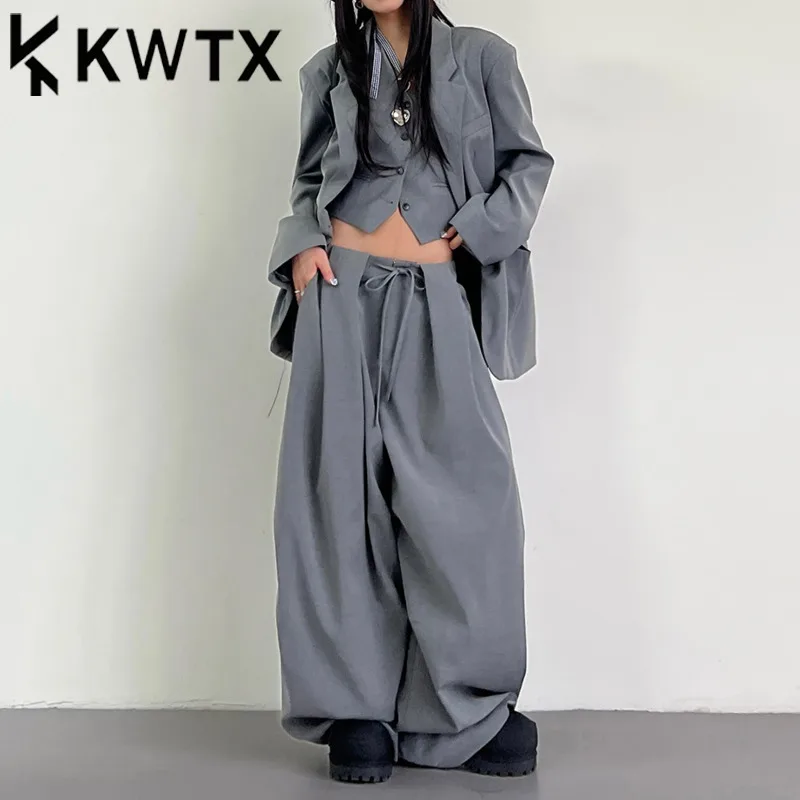 

KWTX Womens 3-Piece Suit Set Blazer Vest Wide Pants Solid Color Streetwear Oversized Trendy Spring Summer 2025 Chic