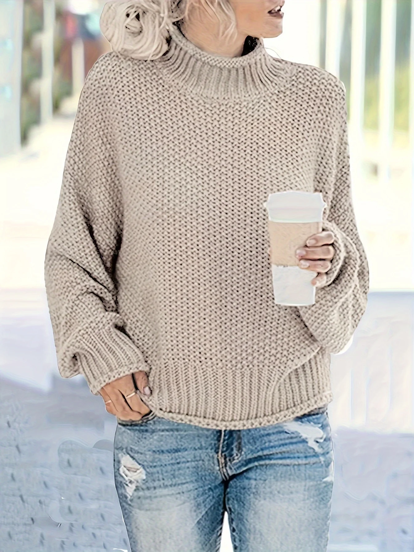 

Autumn and winter women's solid color casual high neck pullover lantern sleeve woolen top