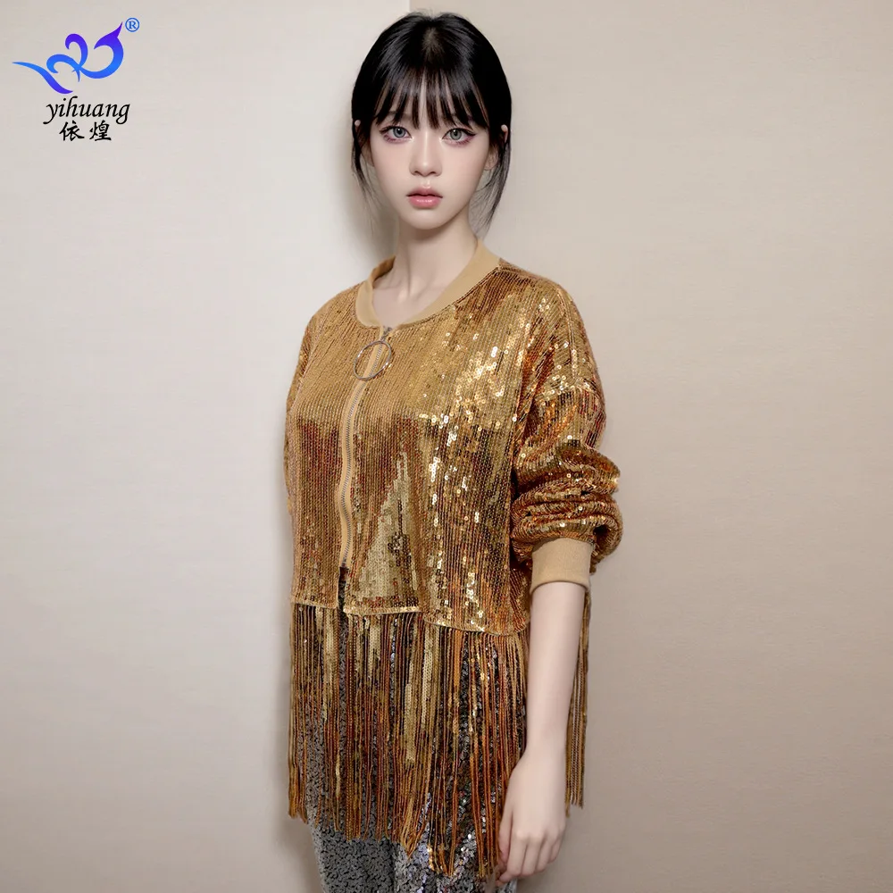 1 unids/lote, blusa de baile de jazz con lentejuelas a la moda para mujer, top de manga larga con borlas para baile callejero