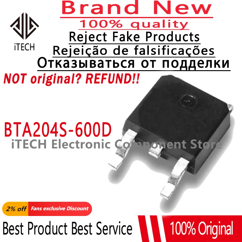 10pcs/ot Original BTA204S-600D 204S6D TO-252 Bidirectional Thyristor Transistor 100% New and Genuine