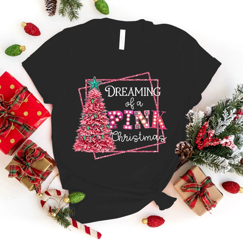 (Premium T-shirt)Dreaming Of A Pink Christmas Print T-Shrits For Women Summer Short Sleeve Round Neck Cute Loose T-Shirt tops