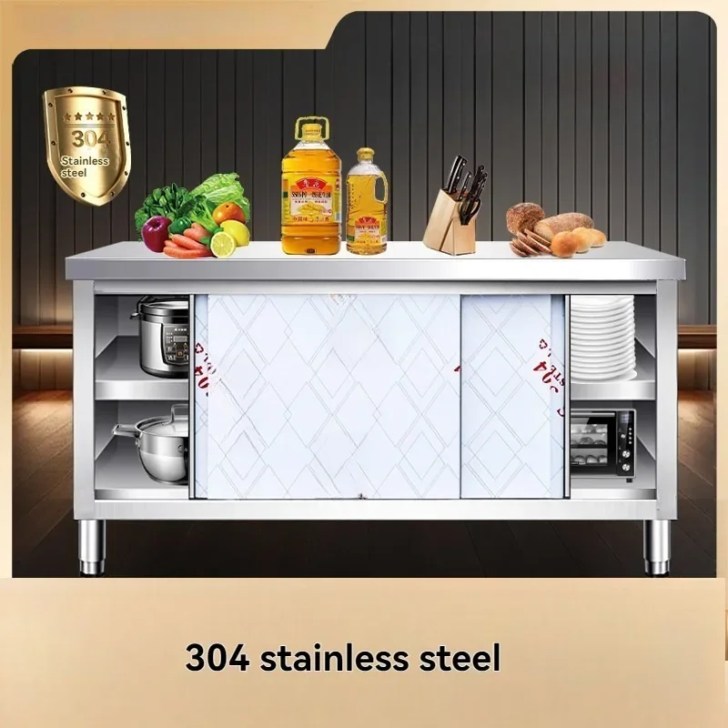 Stainless Steel Kitchen Worktop Household Kitchen Operation Table with Sliding Cabinet Doors for Both Households and Restaurants view 3