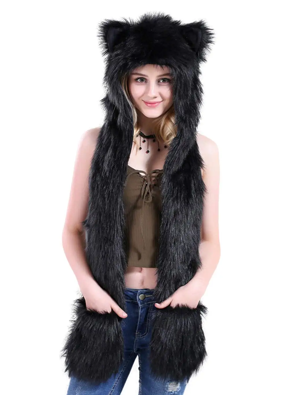 Black Bear, Faux Fur Hood Animal Hat Ear Gloves 3 in1 Fleece Hooded Plush Warm Earmuff Animal Cap with Scarf Gloves