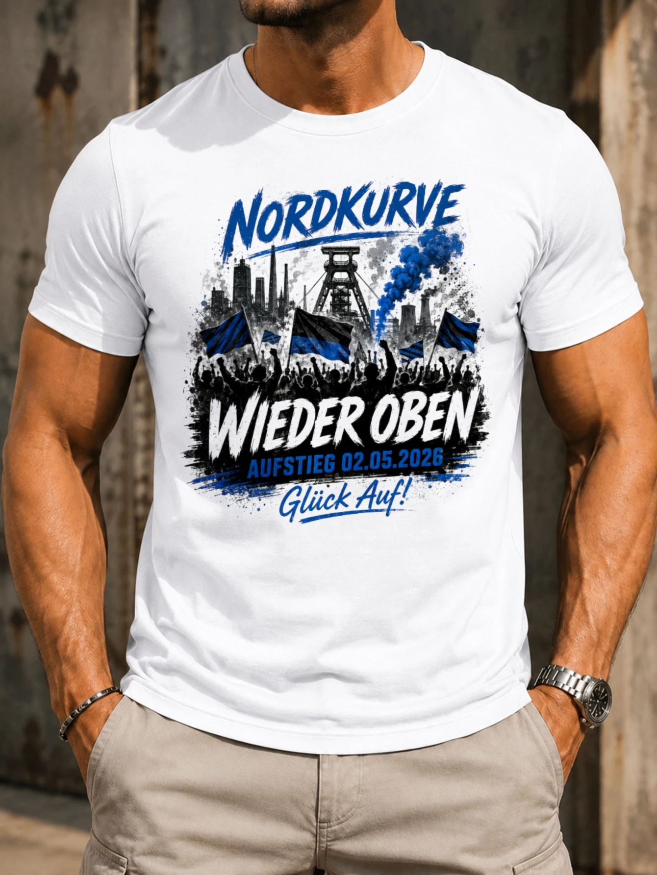 Nordkurve Wieder Oben blue smoke skyline and cheering crowd mine tower waving Fl-ags rough victory  Unisex All T-Shirt