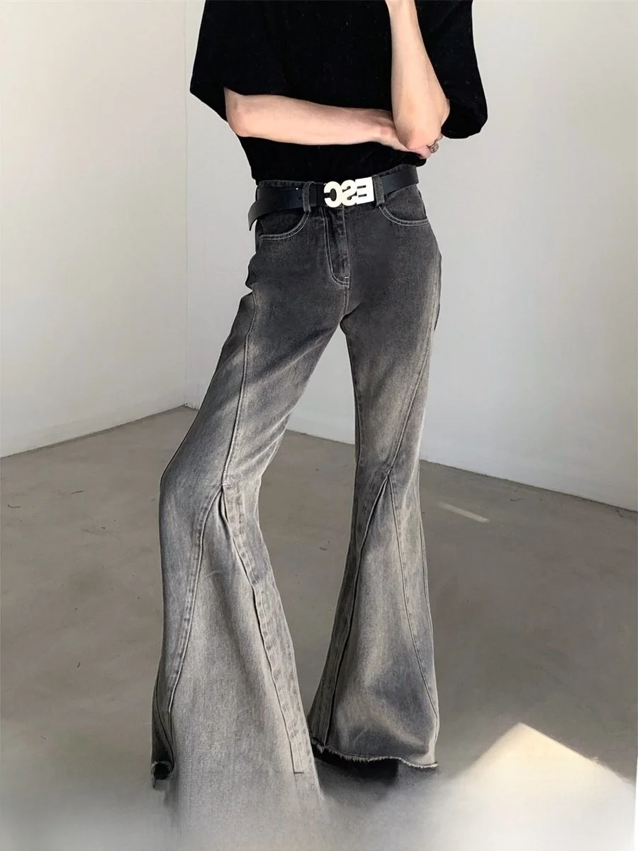 High Waist Bell Bottom Jeans Men's Gradual Washed Distressed Leg Lengthening Water Washed Denim Pants Trendy Street Style