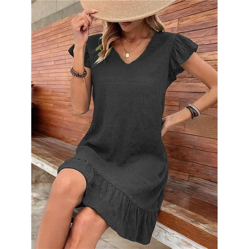 ABRT-Summer Dresses For Women V Neck Cap Sleeve Ruffle Hem Smock Short Dress