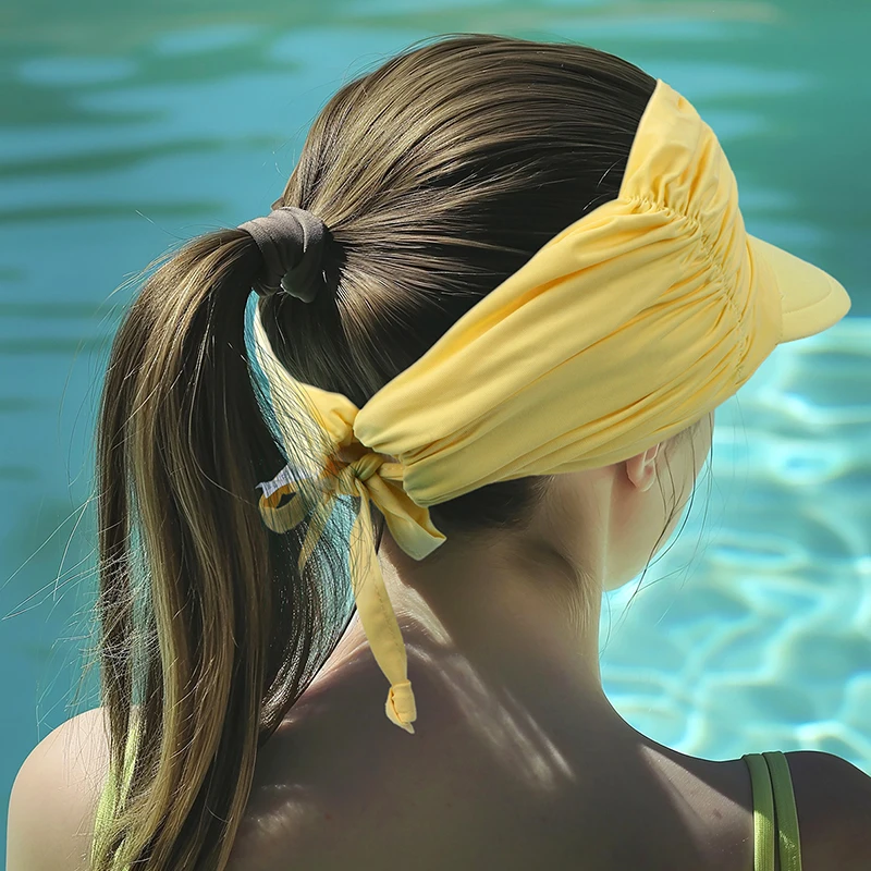 Protezione UV estiva da donna visiera pieghettata a tesa larga cappello da sole vuoto cappello a coda di cavallo sport spiaggia all'aperto traspirante