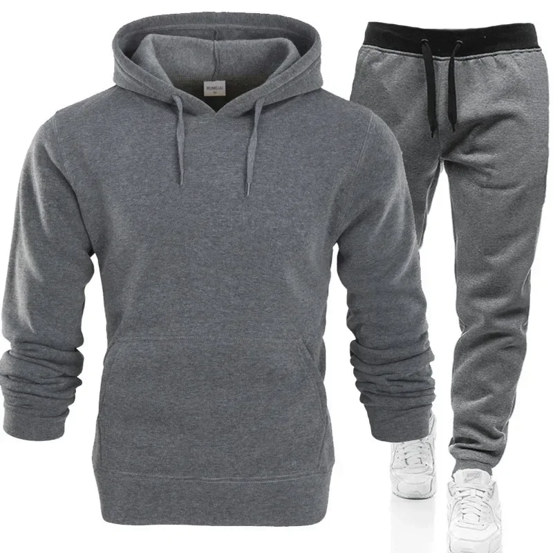 Men Tracksuits Autumn Winter Fleece Warm Suit 2 Pieces Sets Hooded Sweatshirt Pants Long Sweatpants Streetwear Men Outfit Set