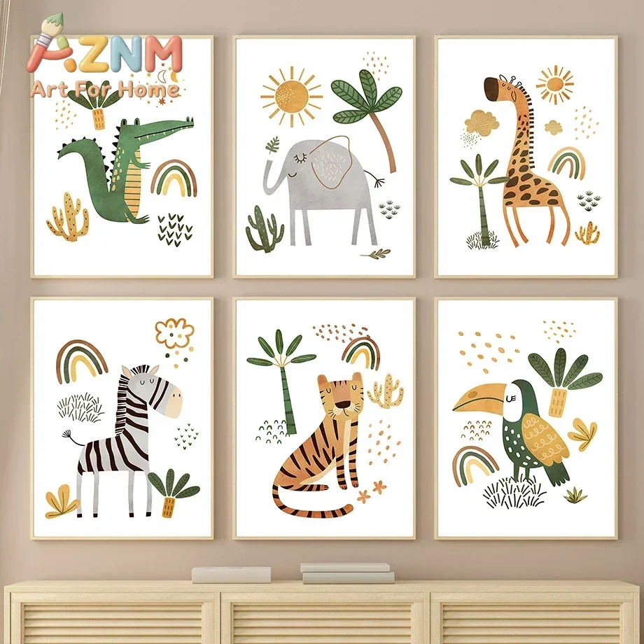 Giraffe Elephant Tiger Zebra Toucan Jungle Animals Wall Art Canvas Painting Nursery Posters And Prints Pictures Kids Room Dec