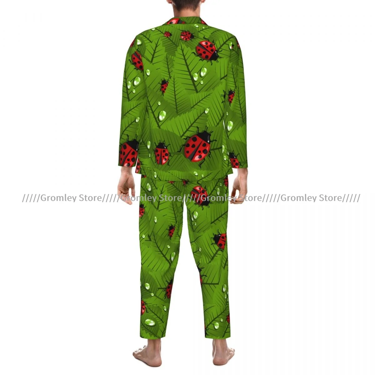 Conjuntos de pijama masculino primavera folhas e besouro joaninha pijamas manga longa lazer outwear outono inverno loungewear