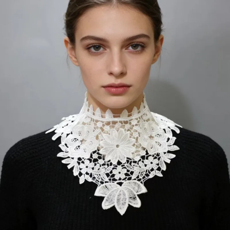 Lace Hollow Out Floral Embriodery Shirt Detachable Collar for Womens Summer Dress Applique Fake Collar Decorative Neck Scarf