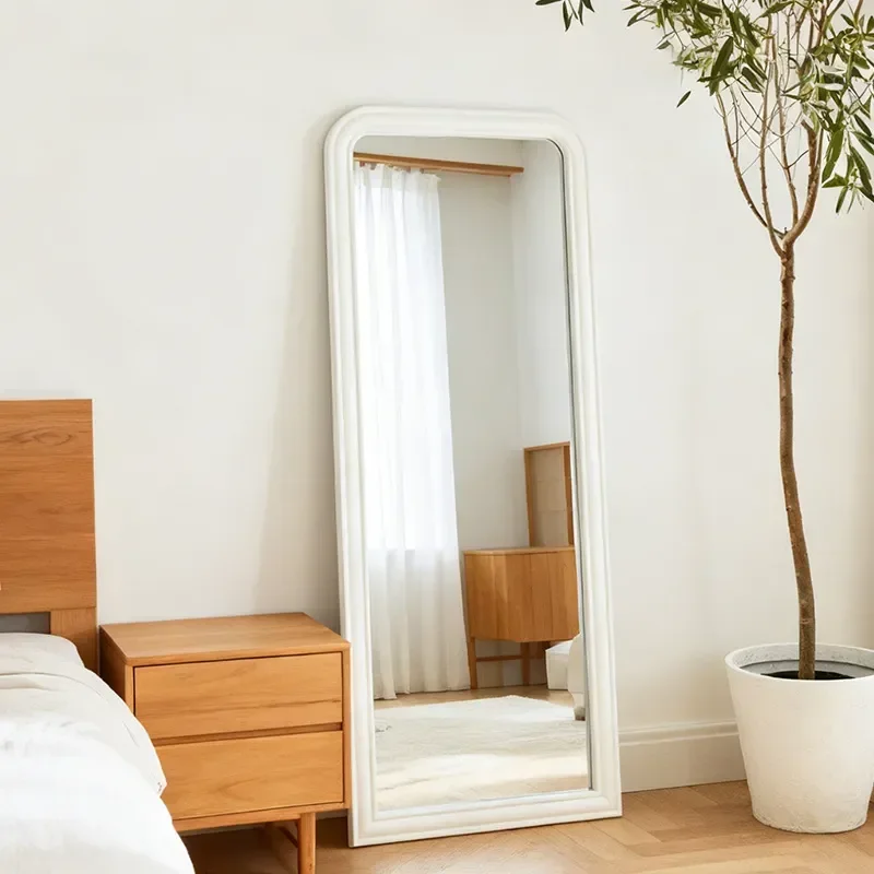 Cream Wind Arched Double Layer Wooden Frame Floor to Ceiling Mirror Milk White Rounded Corner Full Body Mirror for Bedroom