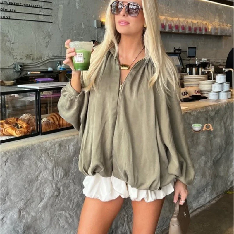 

Autumn Jacket Coats Women Casual Lantern Sleeve Bomber Jacket Green Office Lady Outwear