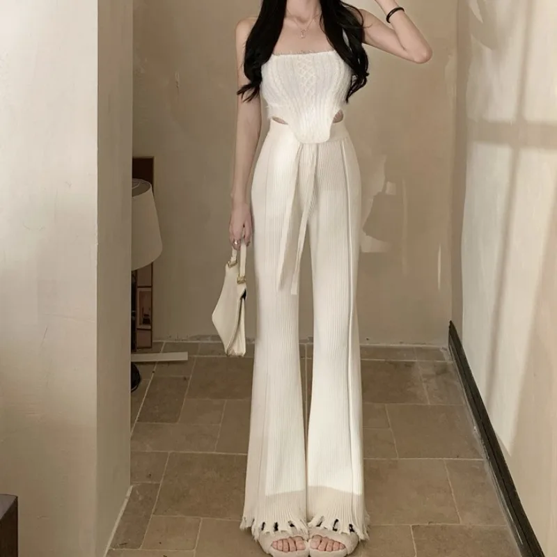 Dzianinowe spodnie codzienne Thiened na zimę, nowe, wyszczuplające, lekko rozszerzane, długie spodnie z frędzlami dla kobiet, z wysokim stanem.