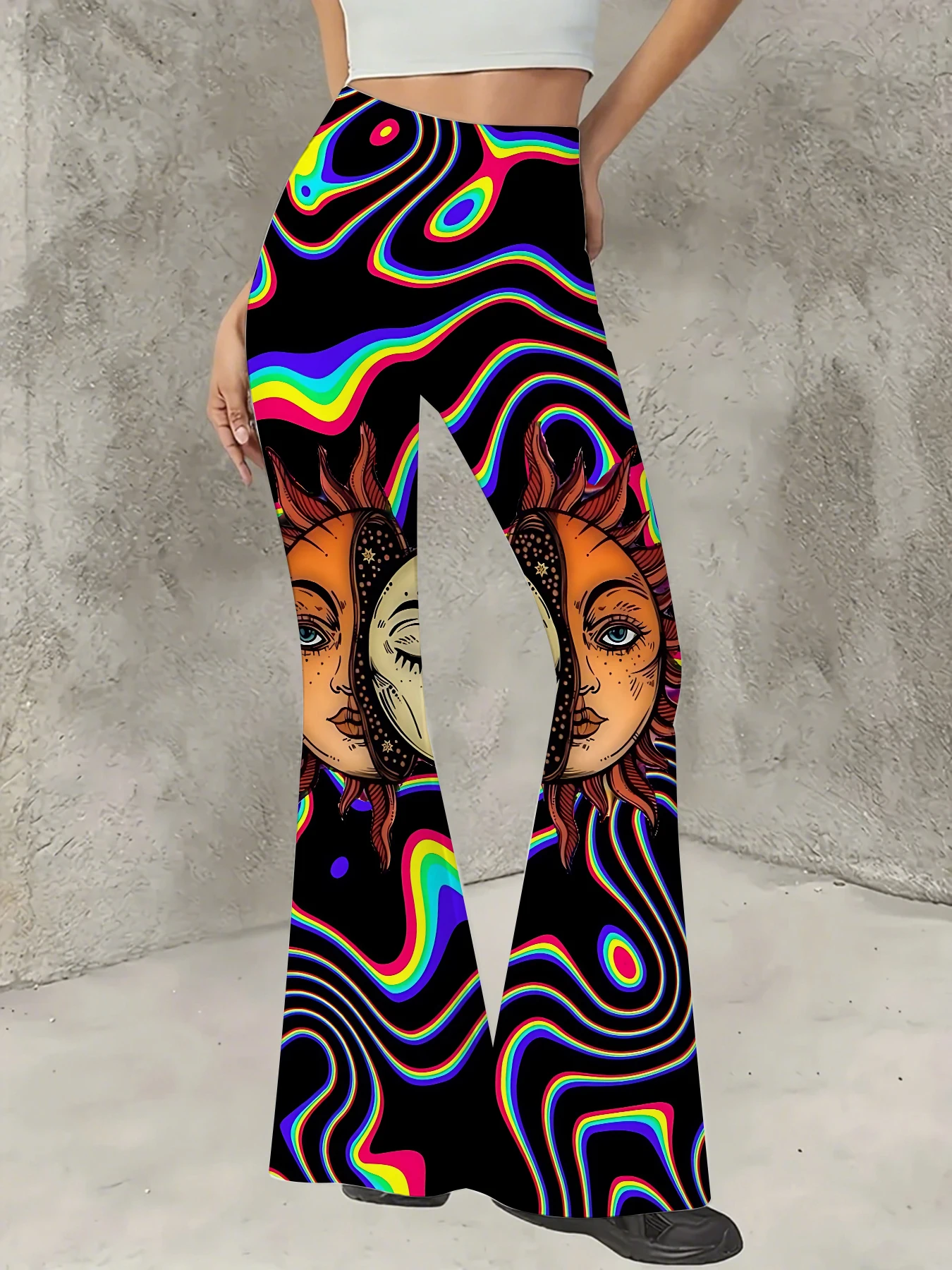 

Plus Size All-Over Print Flare Pants Women Stretchy High Waist Bell Bottom