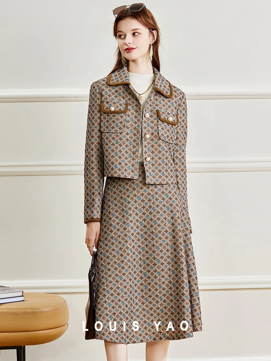 

LOUIS YAO Women Dress Set Retro Pattern Two Piece Set 2024 New Coat and Skirt Set A-LINE Skirt Elegant Women's Commuter Set