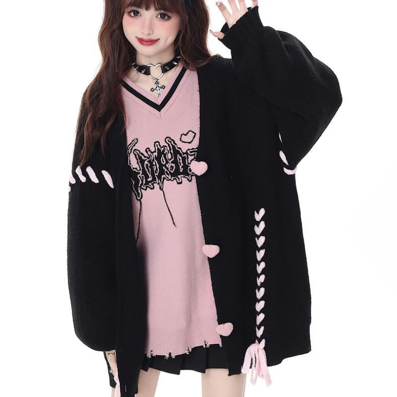 Deeptown y2k gótico malha cardigan feminino preto doce kawaii manga longa blusas estilo coreano streetwear grunge sólido cardigan