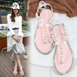 Pink Black women trend pearls ShoesT-strap sandals flip flop beach shoes sweat ladies summer shoes wedding shoes flats sandals