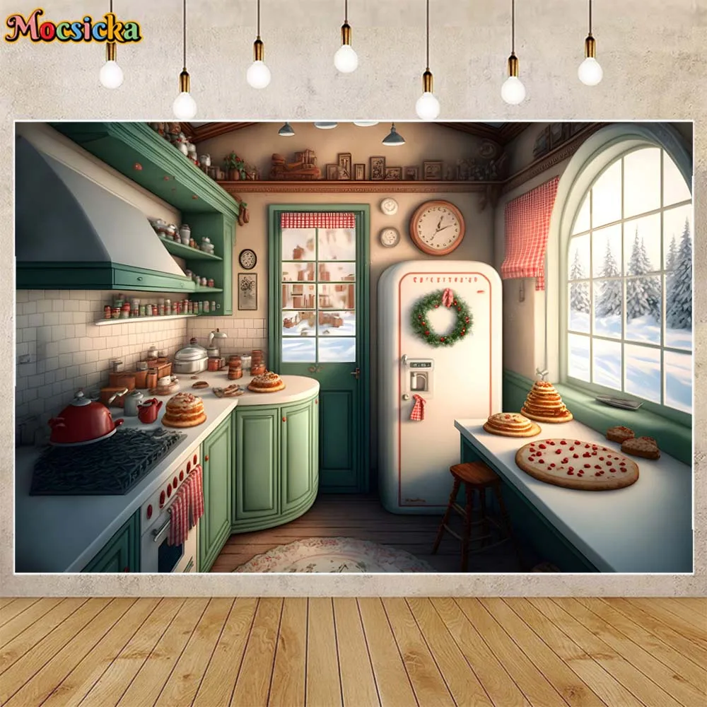 

Mocsicka Christmas Kitchen Photography Backdrops Green Cupboard Xmas Wreath Decor Family Portrait Background Photo Studio Props