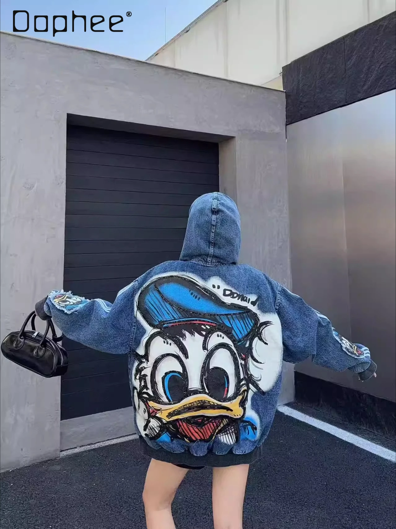 

2026 Spring New Heavy Craft Cartoon Print Loose Fashion Age-Reducing Hooded Denim Jacket Women Clothing