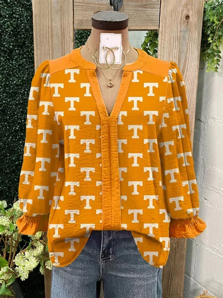 Tennessee Letter Print Pleated V-neck Puff Sleeve Top asual Long Sleeve Blouses Fashion Pullover