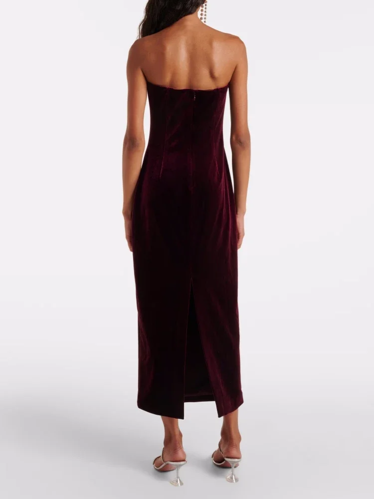 Sexy Diepe V-hals Strapless Plooien Ontwerp Midi Jurk Vrouwen Bordeaux Fluwelen Mouwloze Backless Bodycon Jurken Avondfeest Jurken
