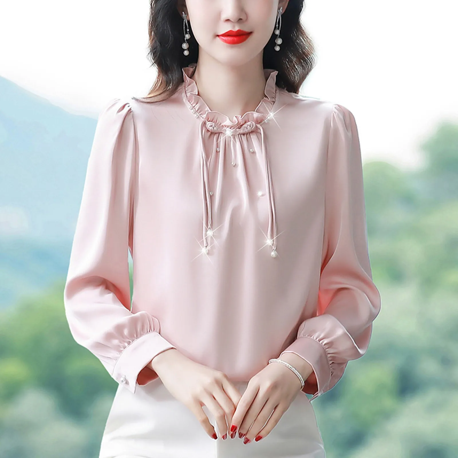 2024 New Women\'s Shirt Elegant French Standing Collar Plate Button Chiffon Shirt Fashion Solid Color Long Sleeve Commuter Blouse